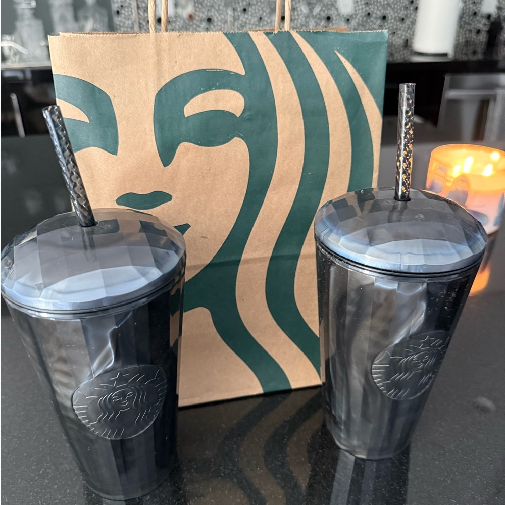 Starbucks Black Marble Reusable Cold Cups with Lids & Straws (Pair)
